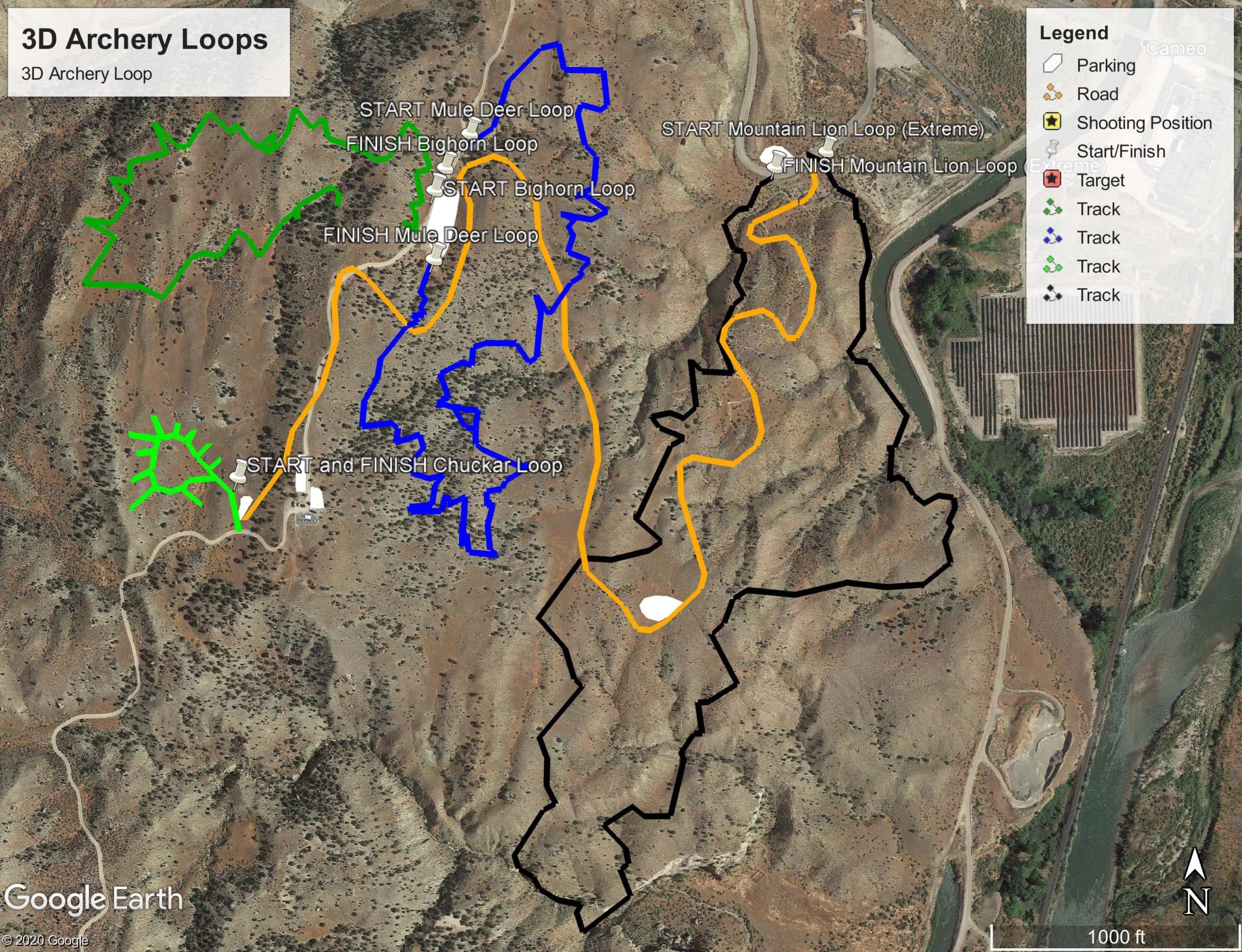 Aerial map showing the four 3D archery loops at Cameo