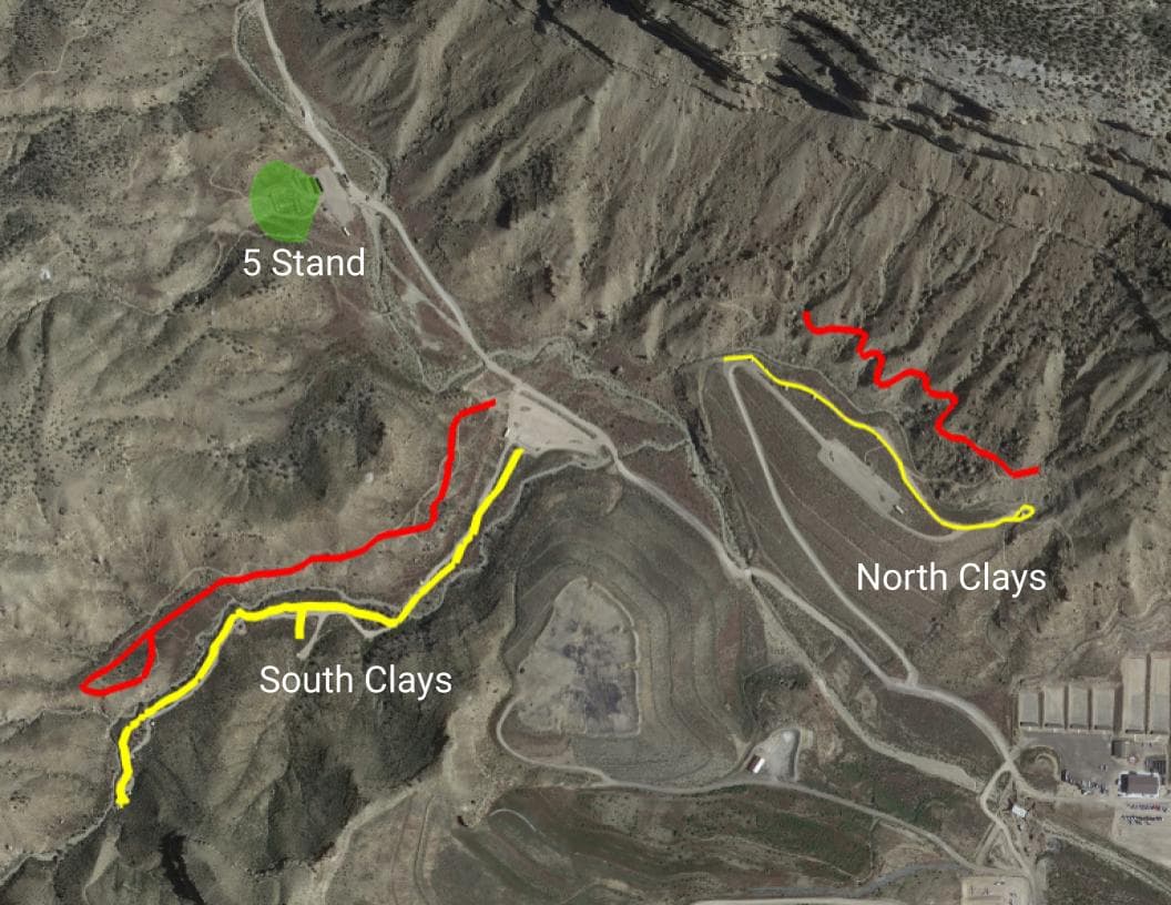 Aerial map showing Cameo's North Clays, South Clays, and 5-Stand areas