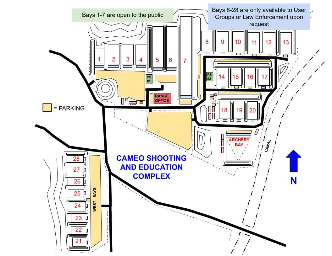 Map of Cameo showing Shooting Bays 1 through 28, the range office, parking, and the archery bay